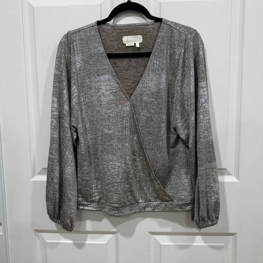 Anthropologie‎ Silver Metallic Long Sleeve Blouse Wrap Front Top Size S